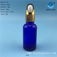 Hot selling 30ml blue glass essential oil bottle with matching rubber head dropper